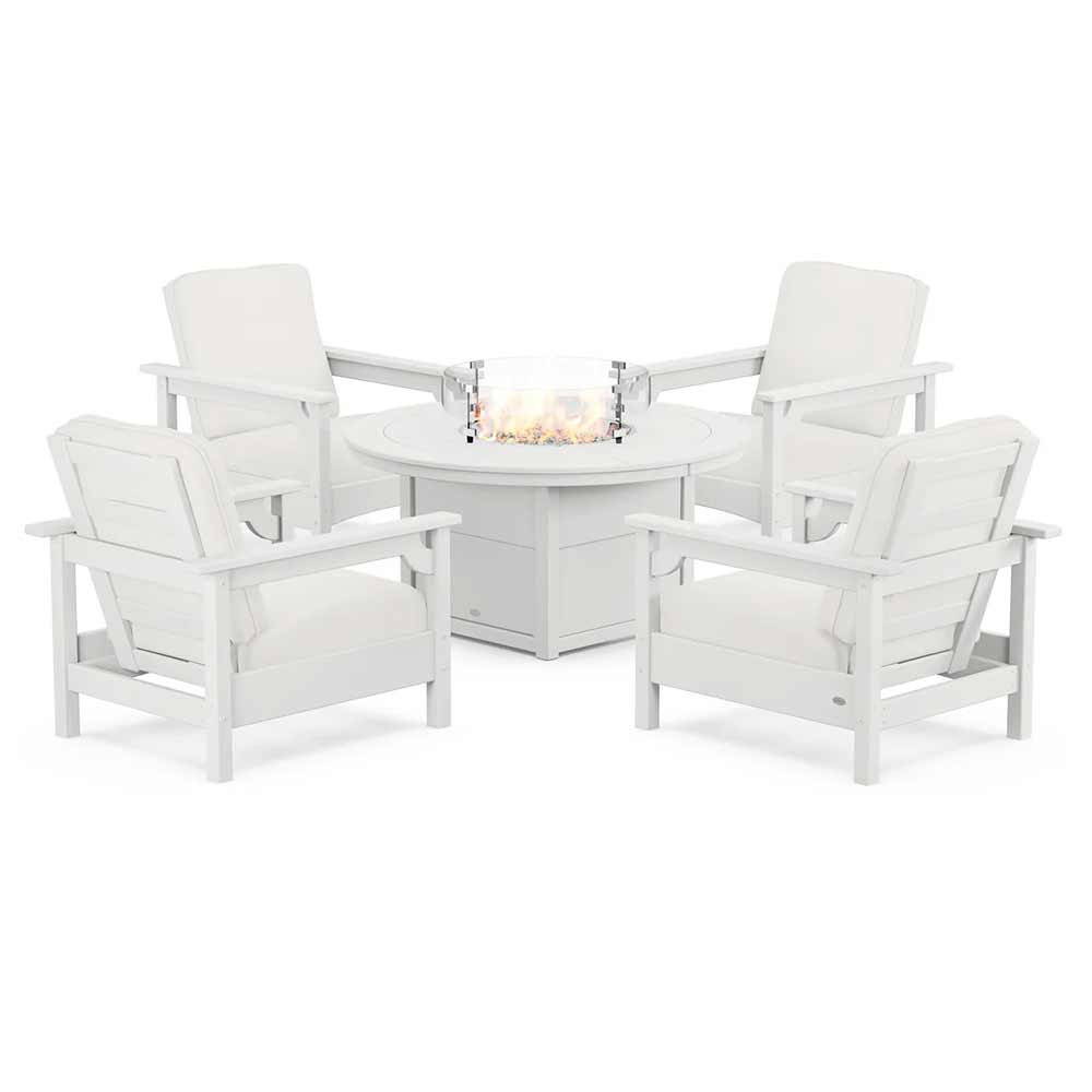 POLYWOOD® Fire Table White / Natural Linen POLYWOOD® - Club 5-Piece Conversation Set with Fire Pit Table - PWS416