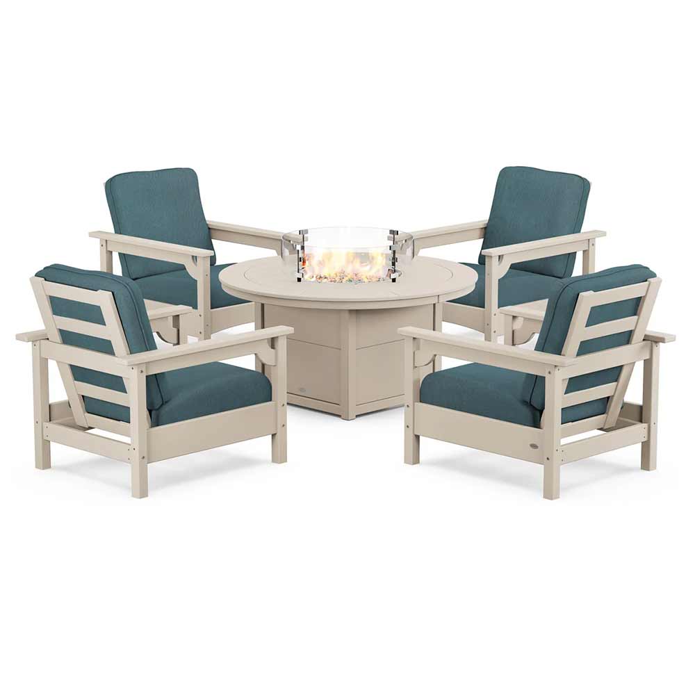 POLYWOOD® Fire Table Sand / Ocean Teal POLYWOOD® - Club 5-Piece Conversation Set with Fire Pit Table - PWS416