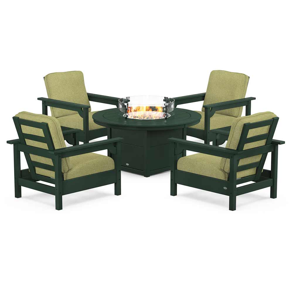 POLYWOOD® Fire Table Green / Chartreuse Boucle POLYWOOD® - Club 5-Piece Conversation Set with Fire Pit Table - PWS416
