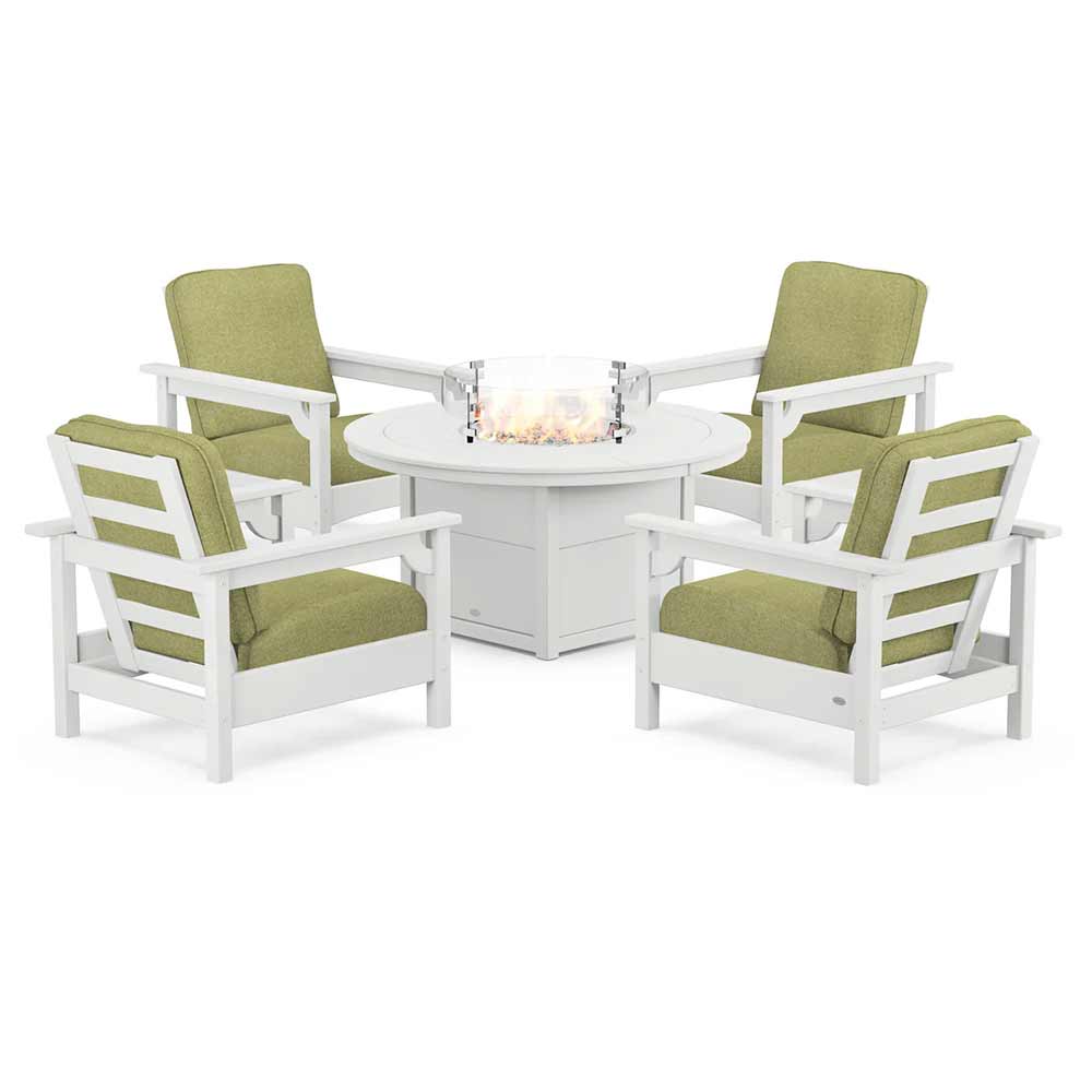 POLYWOOD® Fire Table White / Chartreuse Boucle POLYWOOD® - Club 5-Piece Conversation Set with Fire Pit Table - PWS416