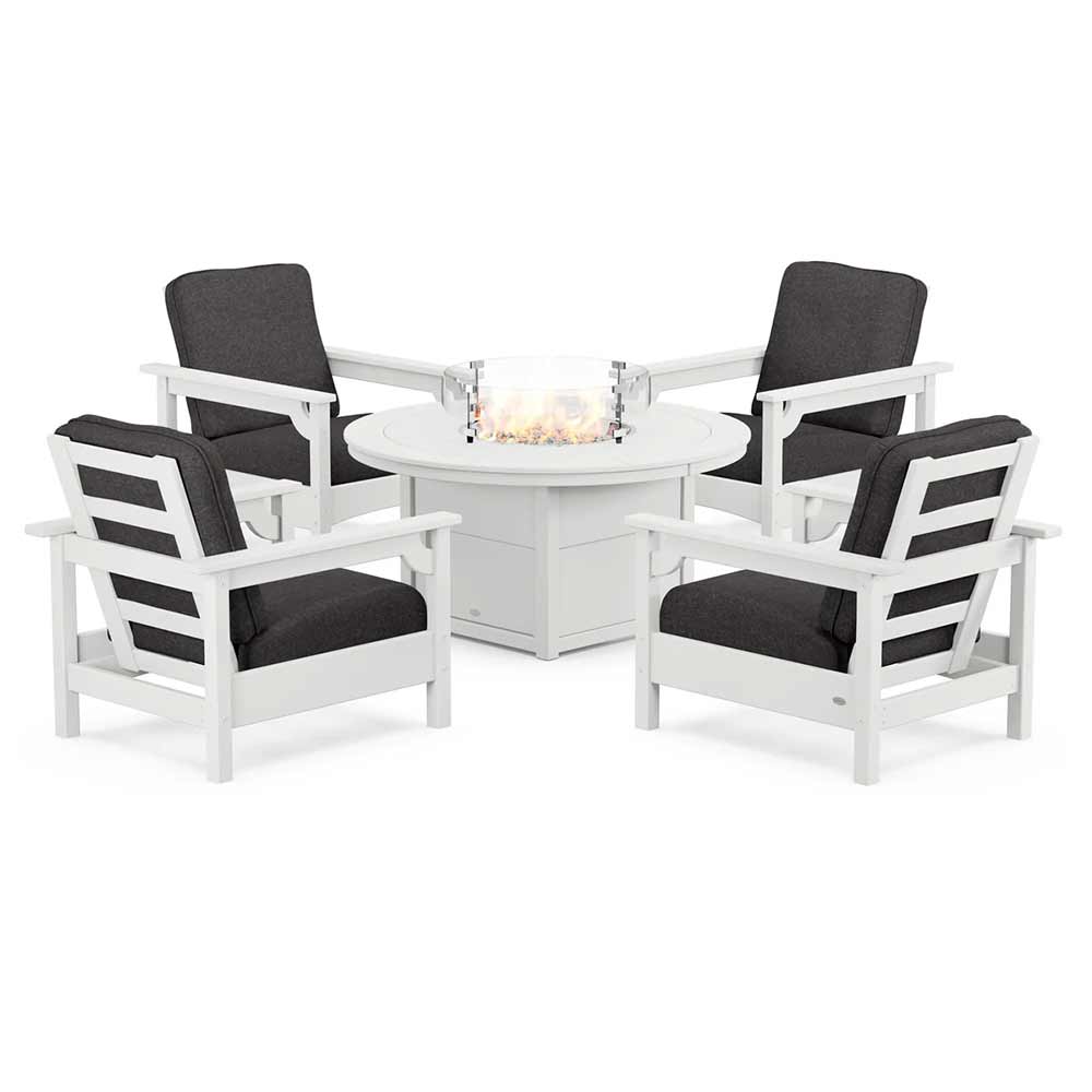 POLYWOOD® Fire Table White / Ash Charcoal POLYWOOD® - Club 5-Piece Conversation Set with Fire Pit Table - PWS416