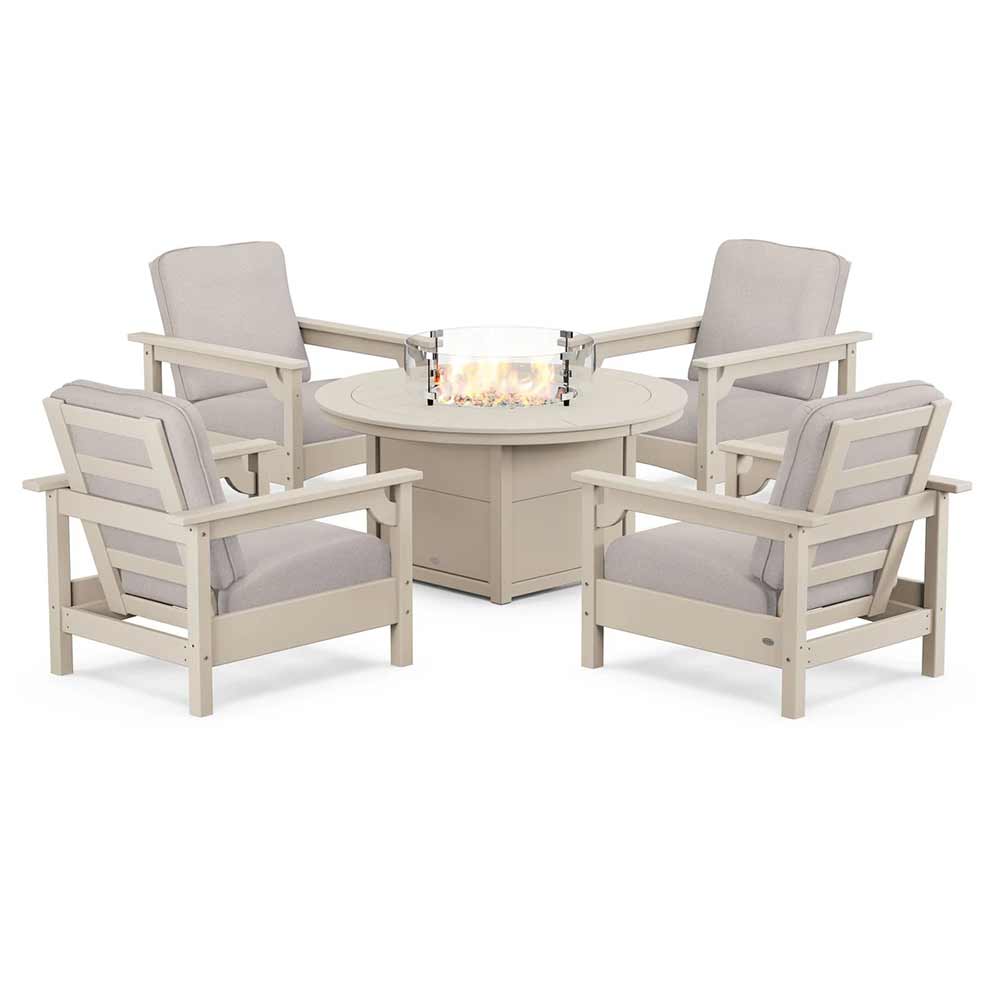 POLYWOOD® Fire Table Sand / Dune Burlap POLYWOOD® - Club 5-Piece Conversation Set with Fire Pit Table - PWS416