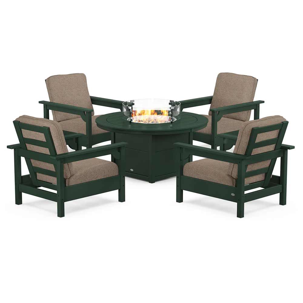 POLYWOOD® Fire Table Green / Spiced Burlap POLYWOOD® - Club 5-Piece Conversation Set with Fire Pit Table - PWS416