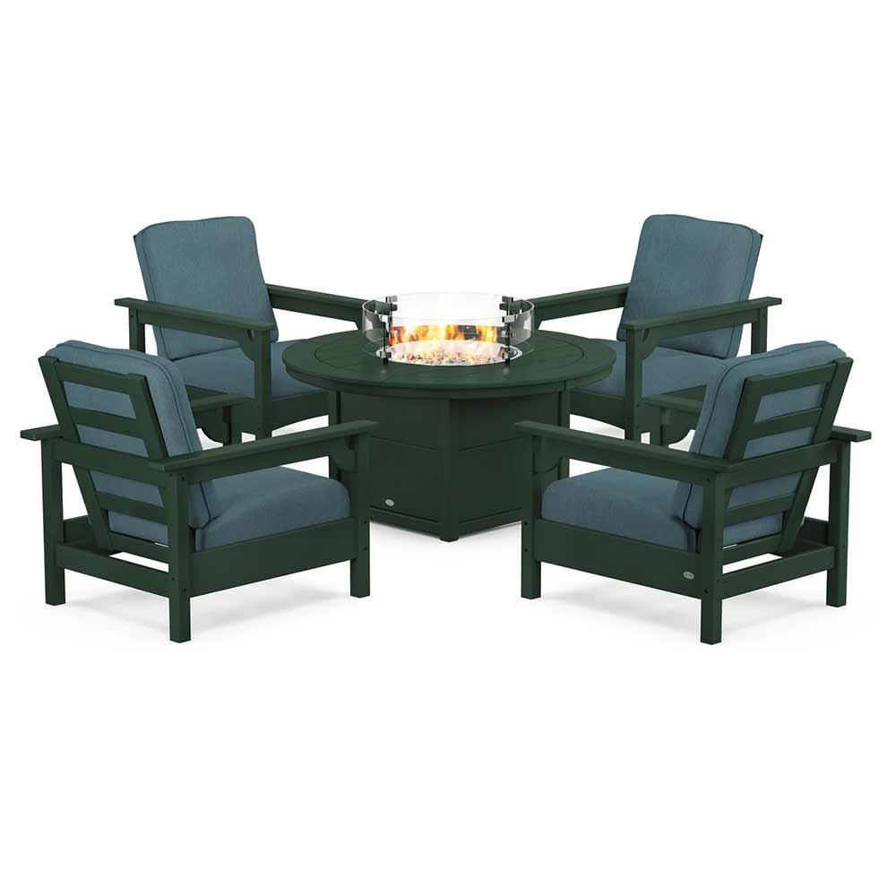 POLYWOOD® Fire Table Green / Ocean Teal POLYWOOD® - Club 5-Piece Conversation Set with Fire Pit Table - PWS416