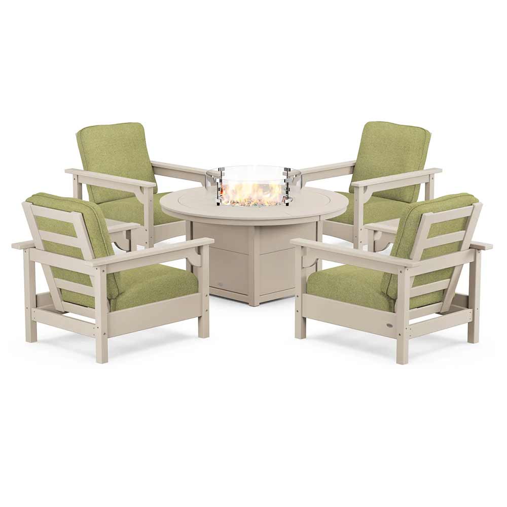 POLYWOOD® Fire Table Sand / Chartreuse Boucle POLYWOOD® - Club 5-Piece Conversation Set with Fire Pit Table - PWS416