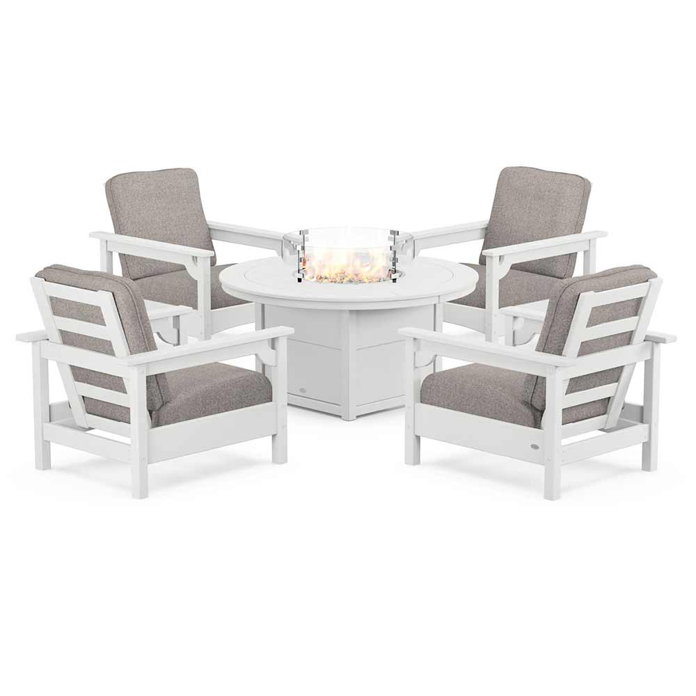 POLYWOOD® Fire Table White / Weathered Tweed POLYWOOD® - Club 5-Piece Conversation Set with Fire Pit Table - PWS416