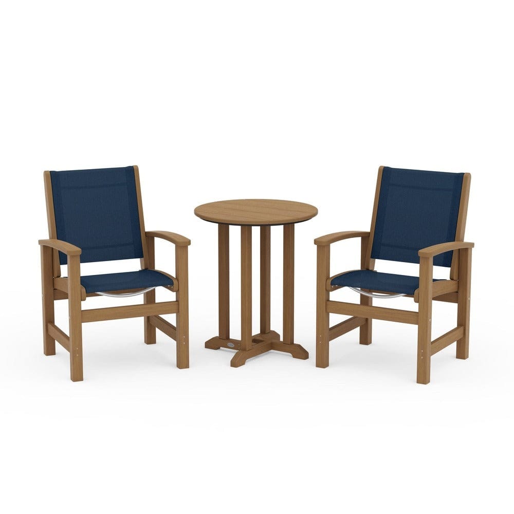 POLYWOOD® Outdoor Furniture Natural / Navy Blue Sling POLYWOOD® - Coastal 3-Piece Round Bistro Dining Set - PWS1294