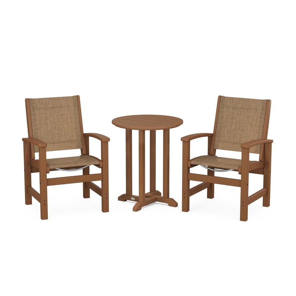 POLYWOOD® Outdoor Furniture Teak / Burlap Sling POLYWOOD® - Coastal 3-Piece Round Bistro Dining Set - PWS1294