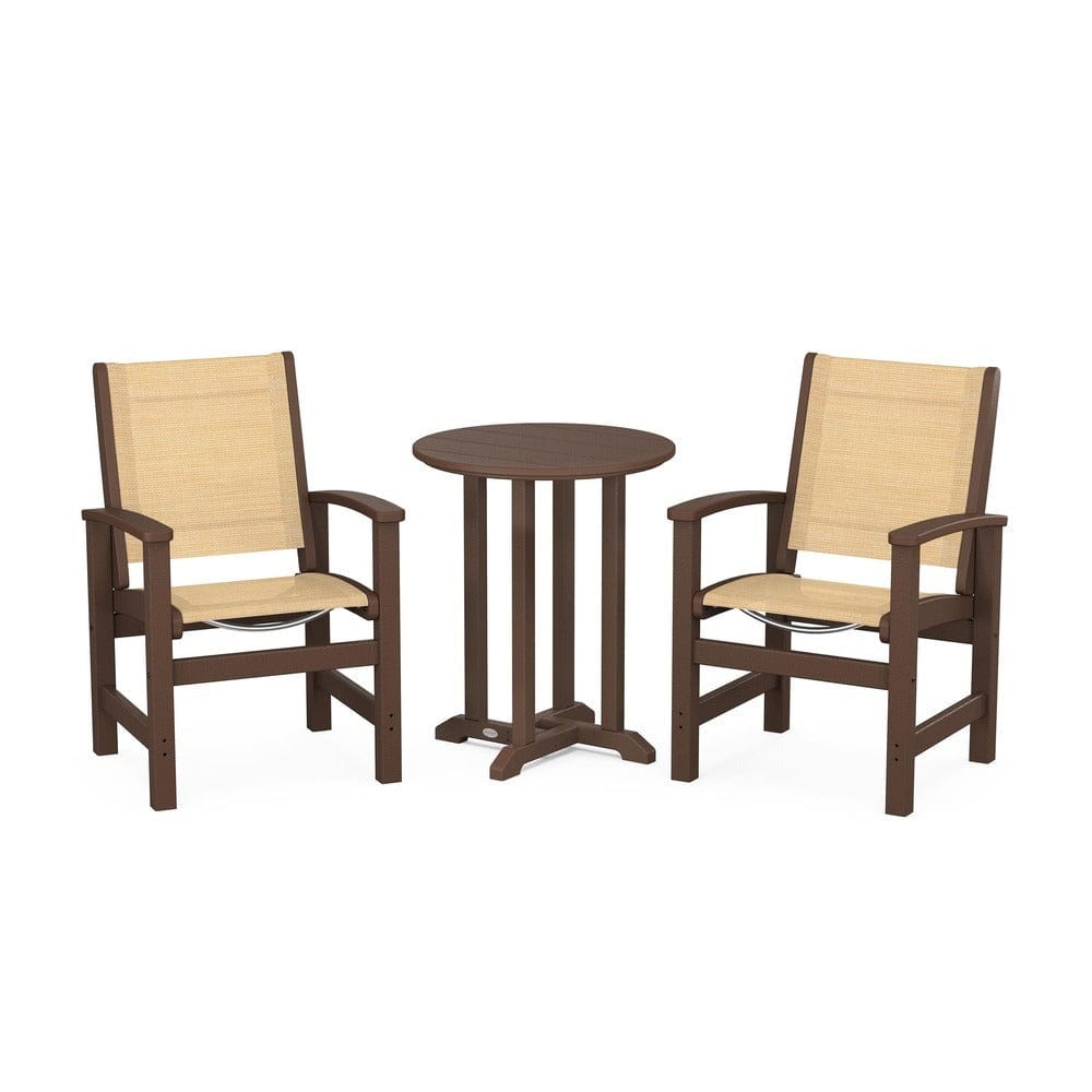 POLYWOOD® Outdoor Furniture Mahogany / Dupioni Apricot Sling POLYWOOD® - Coastal 3-Piece Round Bistro Dining Set - PWS1294