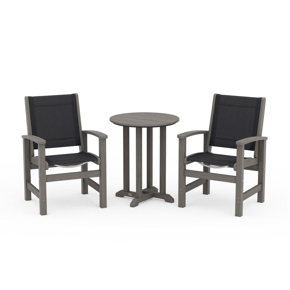 POLYWOOD® Outdoor Furniture Driftwood / Black Sling POLYWOOD® - Coastal 3-Piece Round Bistro Dining Set - PWS1294