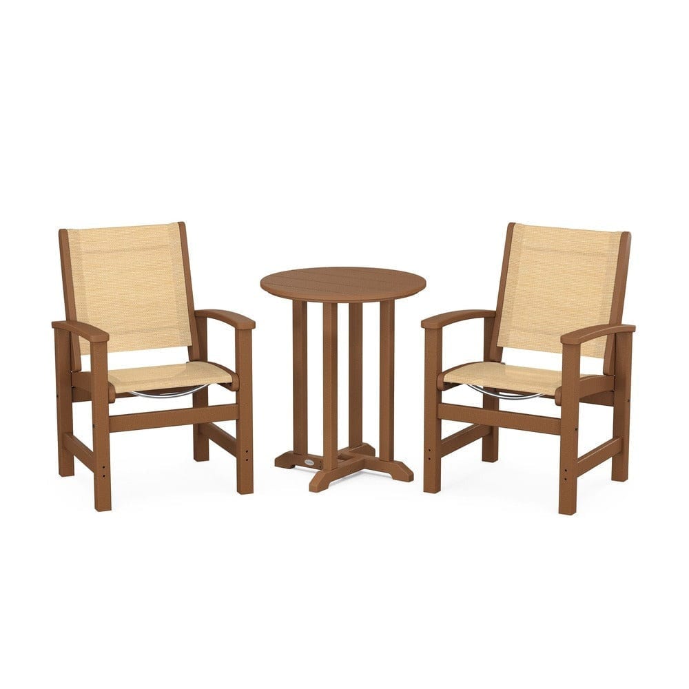 POLYWOOD® Outdoor Furniture Teak / Dupioni Apricot Sling POLYWOOD® - Coastal 3-Piece Round Bistro Dining Set - PWS1294