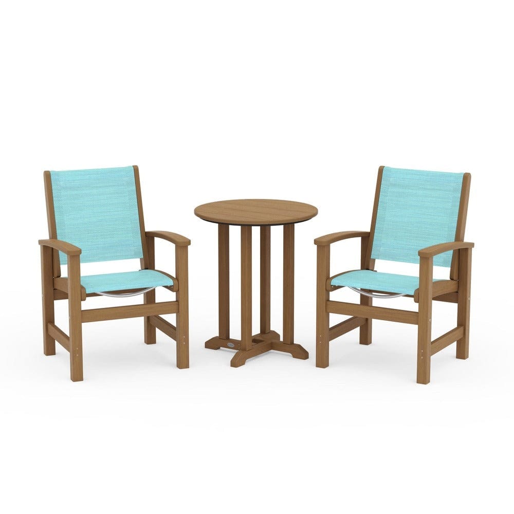 POLYWOOD® Outdoor Furniture Natural / Dupioni Aquamarine Sling POLYWOOD® - Coastal 3-Piece Round Bistro Dining Set - PWS1294