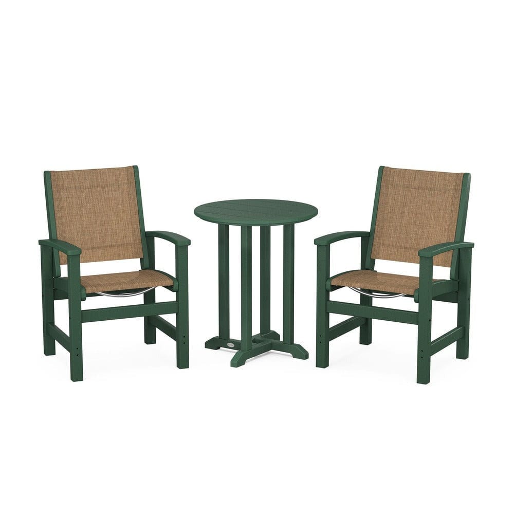 POLYWOOD® Outdoor Furniture Green / Burlap Sling POLYWOOD® - Coastal 3-Piece Round Bistro Dining Set - PWS1294