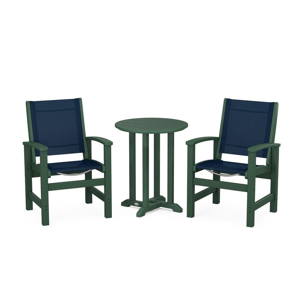 POLYWOOD® Outdoor Furniture Green / Navy Blue Sling POLYWOOD® - Coastal 3-Piece Round Bistro Dining Set - PWS1294