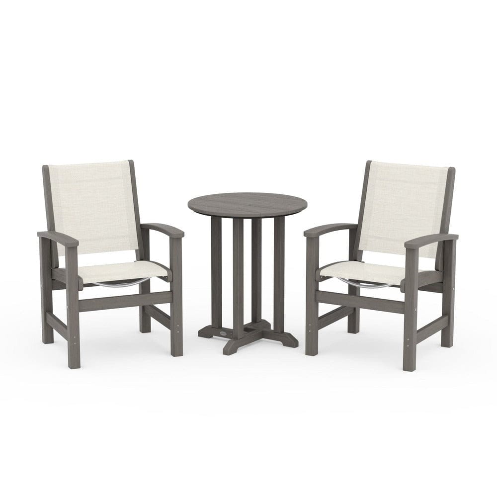 POLYWOOD® Outdoor Furniture Driftwood / Parchment Sling POLYWOOD® - Coastal 3-Piece Round Bistro Dining Set - PWS1294
