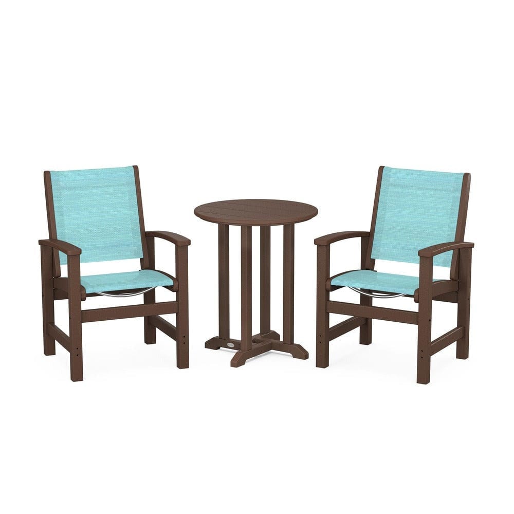 POLYWOOD® Outdoor Furniture Mahogany / Dupioni Aquamarine Sling POLYWOOD® - Coastal 3-Piece Round Bistro Dining Set - PWS1294