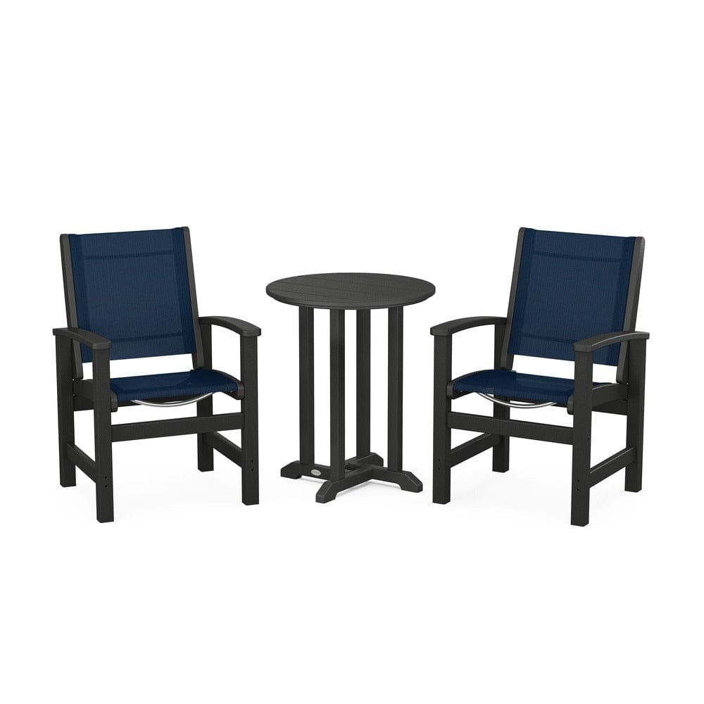 POLYWOOD® Outdoor Furniture Black / Navy Blue Sling POLYWOOD® - Coastal 3-Piece Round Bistro Dining Set - PWS1294