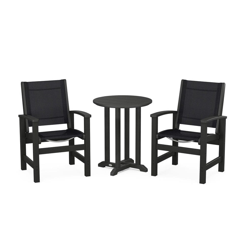 POLYWOOD® Outdoor Furniture Black / Black Sling POLYWOOD® - Coastal 3-Piece Round Bistro Dining Set - PWS1294