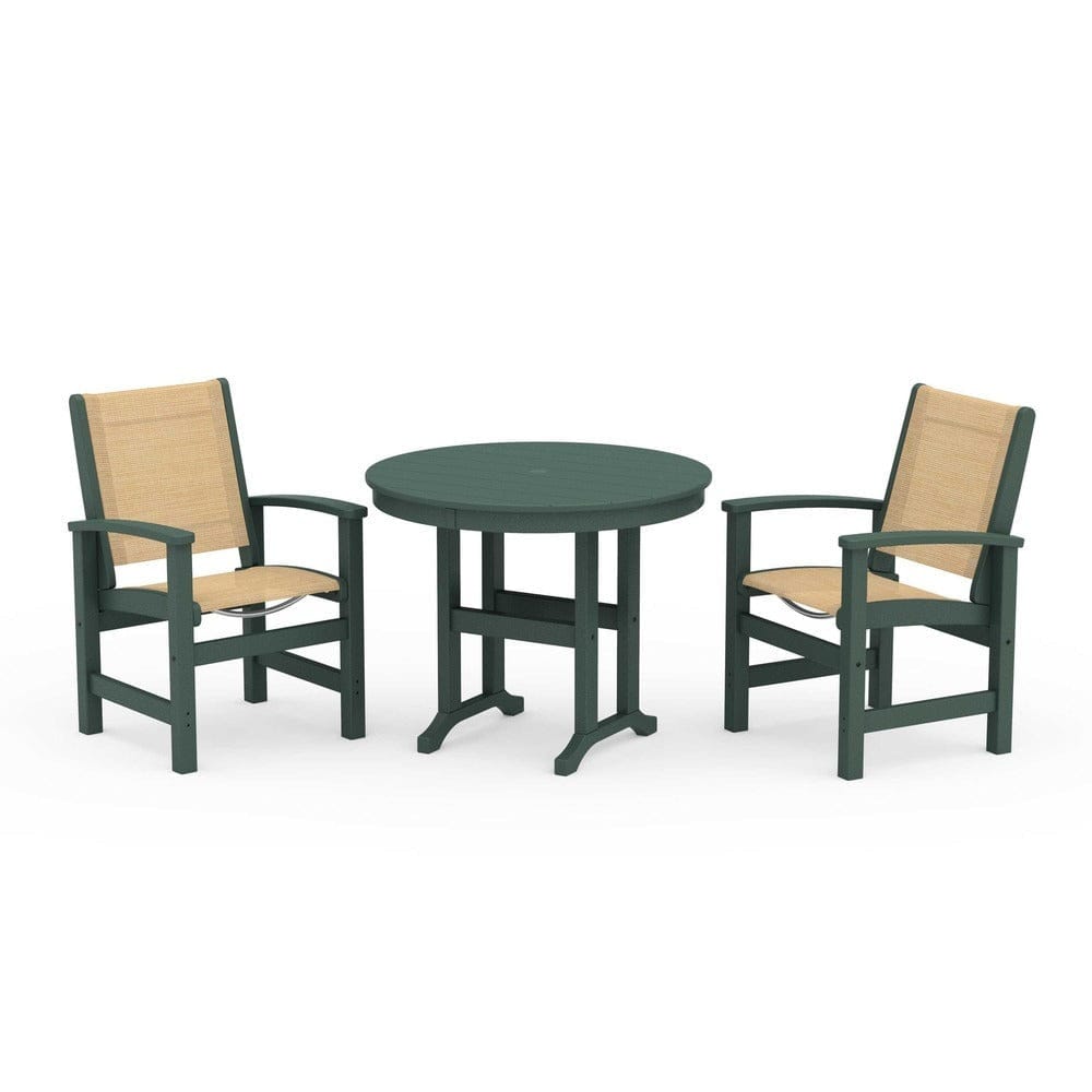 POLYWOOD® Outdoor Furniture Green / Dupioni Apricot Sling POLYWOOD® - Coastal 3-Piece Round Dining Set - PWS1327