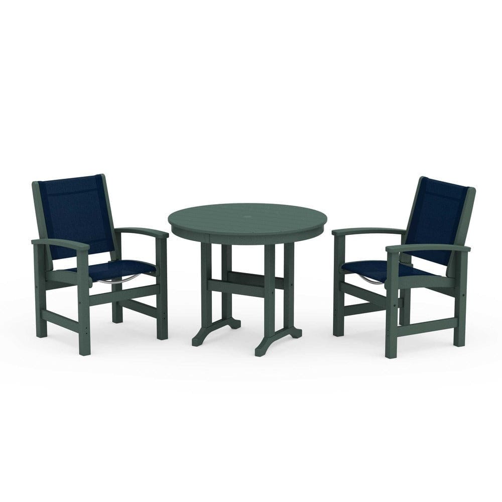 POLYWOOD® Outdoor Furniture Green / Navy Blue Sling POLYWOOD® - Coastal 3-Piece Round Dining Set - PWS1327