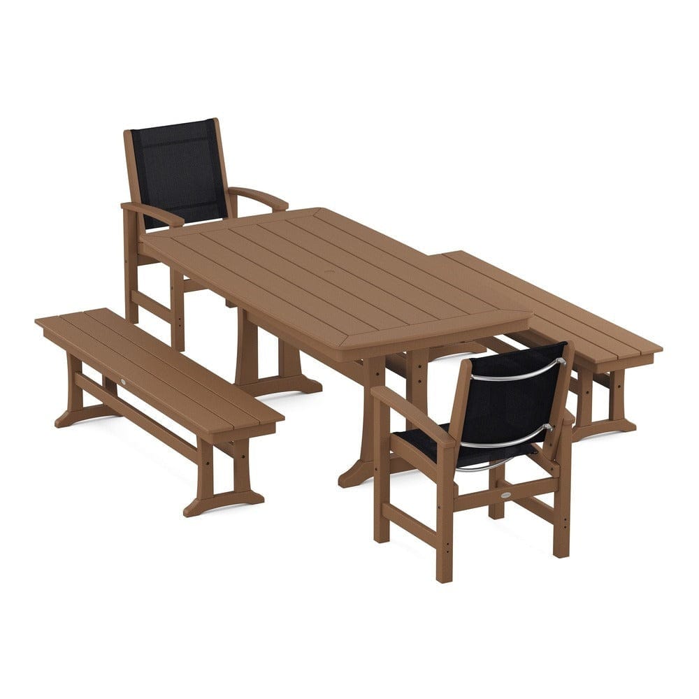 POLYWOOD® Outdoor Furniture Teak / Black Sling POLYWOOD® - Coastal 5-Piece Dining Set with Trestle Legs and Benches - PWS1036