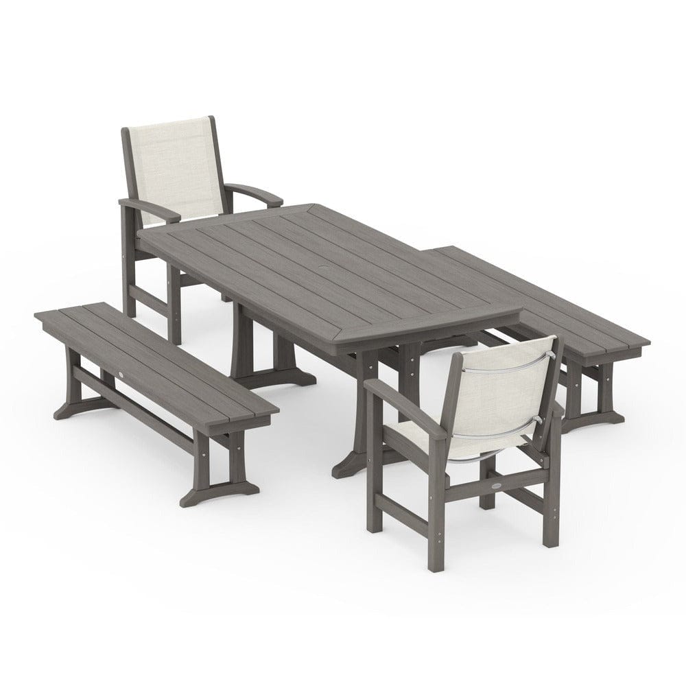 POLYWOOD® Outdoor Furniture POLYWOOD® - Coastal 5-Piece Dining Set with Trestle Legs and Benches - PWS1036