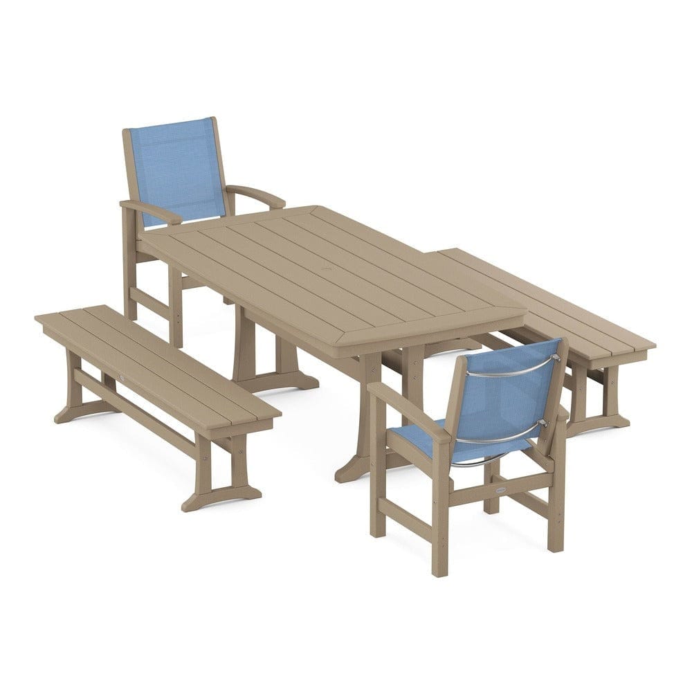 POLYWOOD® - Coastal 5-Piece Dining Set with Trestle Legs and Benches - PWS1036 Outdoor Furniture POLYWOOD®
