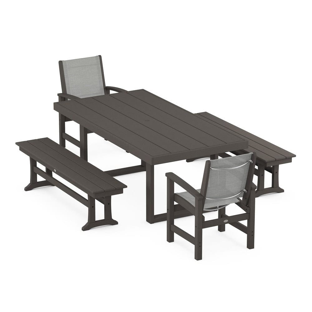 POLYWOOD® Outdoor Furniture Vintage Coffee / Metallic Sling POLYWOOD® - Coastal 5-Piece Dining Set with Trestle Legs - PWS870