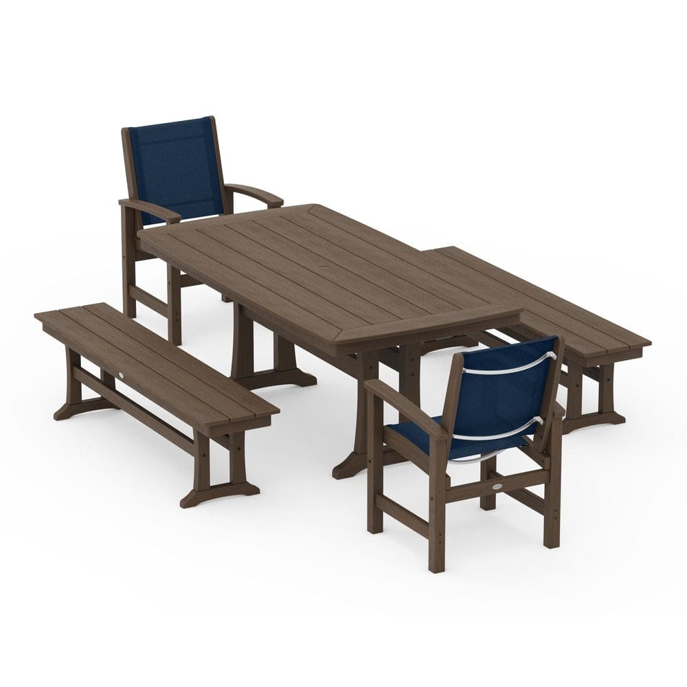 POLYWOOD® Outdoor Furniture POLYWOOD® - Coastal 5-Piece Dining Set with Trestle Legs and Benches - PWS1036