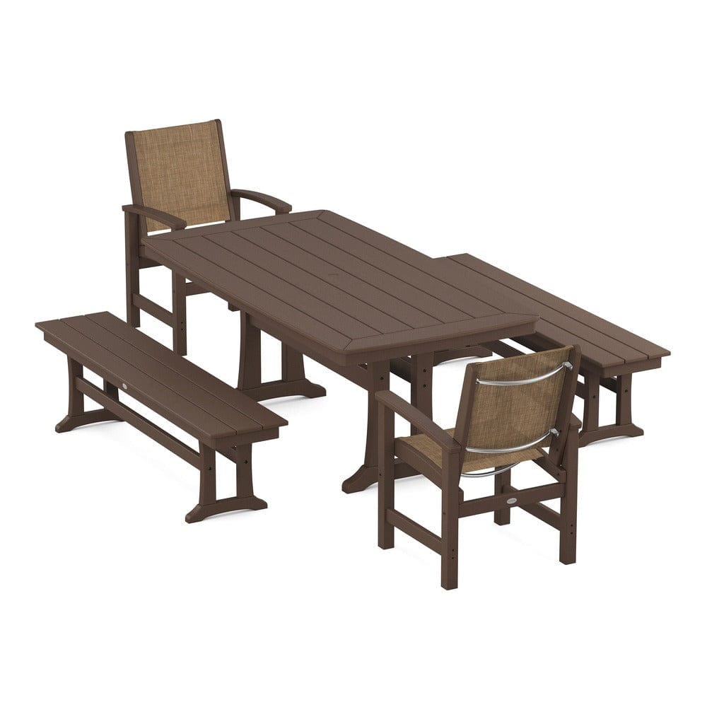 POLYWOOD® Outdoor Furniture Mahogany / Burlap Sling POLYWOOD® - Coastal 5-Piece Dining Set with Trestle Legs and Benches - PWS1036