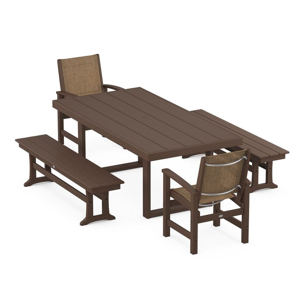 POLYWOOD® Outdoor Furniture Mahogany / Burlap Sling POLYWOOD® - Coastal 5-Piece Dining Set with Trestle Legs - PWS870