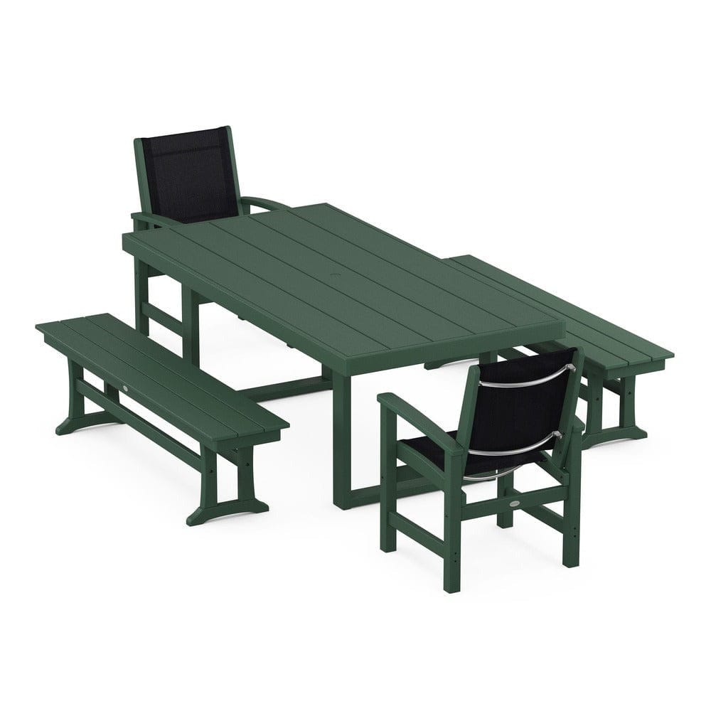 POLYWOOD® Outdoor Furniture Green / Black Sling POLYWOOD® - Coastal 5-Piece Dining Set with Trestle Legs - PWS870