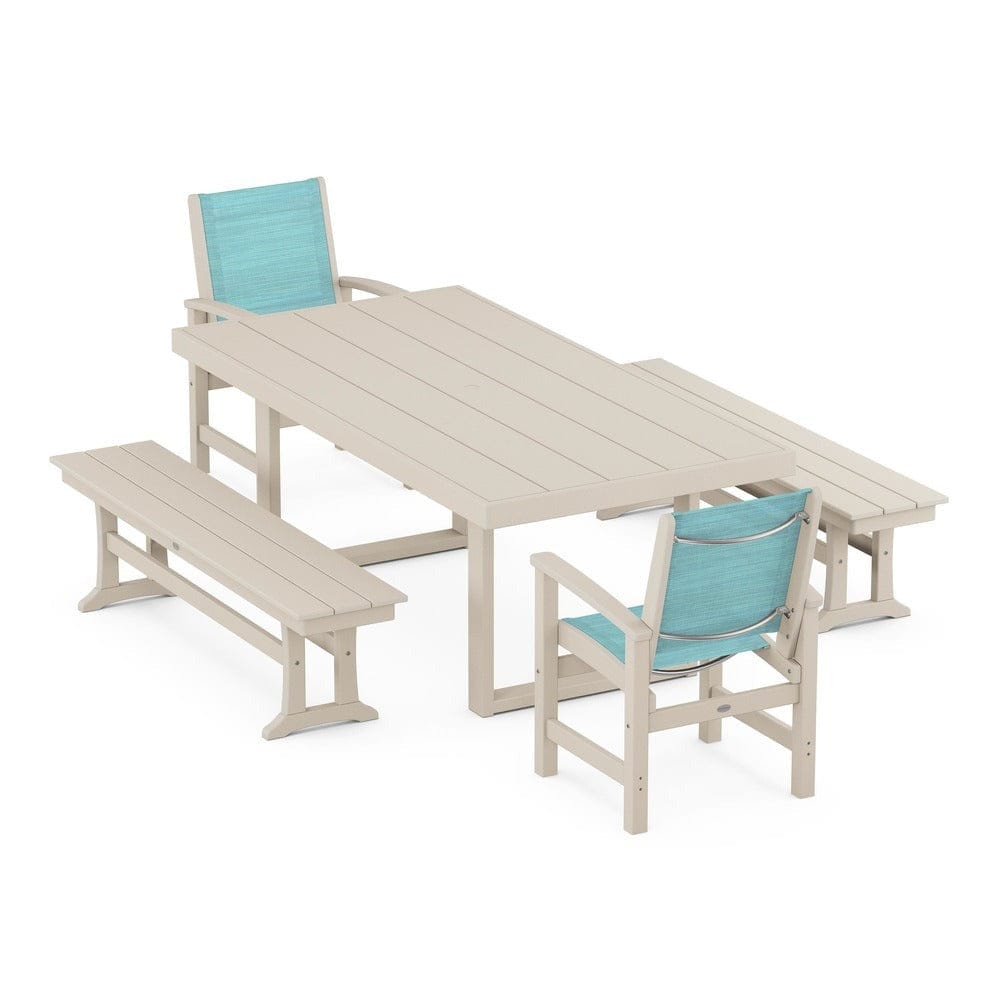 POLYWOOD® Outdoor Furniture Sand / Dupioni Aquamarine Sling POLYWOOD® - Coastal 5-Piece Dining Set with Trestle Legs - PWS870