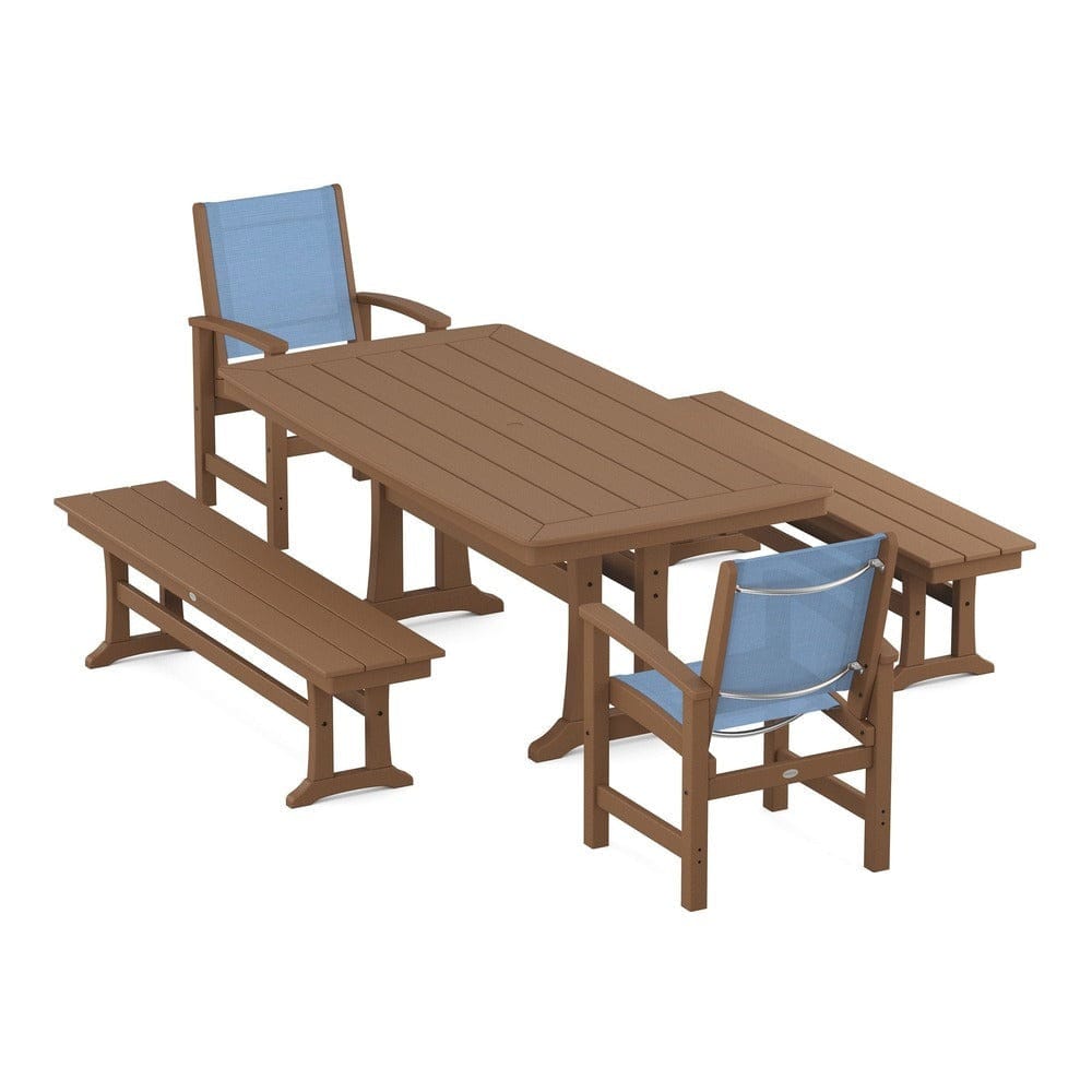 POLYWOOD® Outdoor Furniture Teak / Poolside Sling POLYWOOD® - Coastal 5-Piece Dining Set with Trestle Legs and Benches - PWS1036