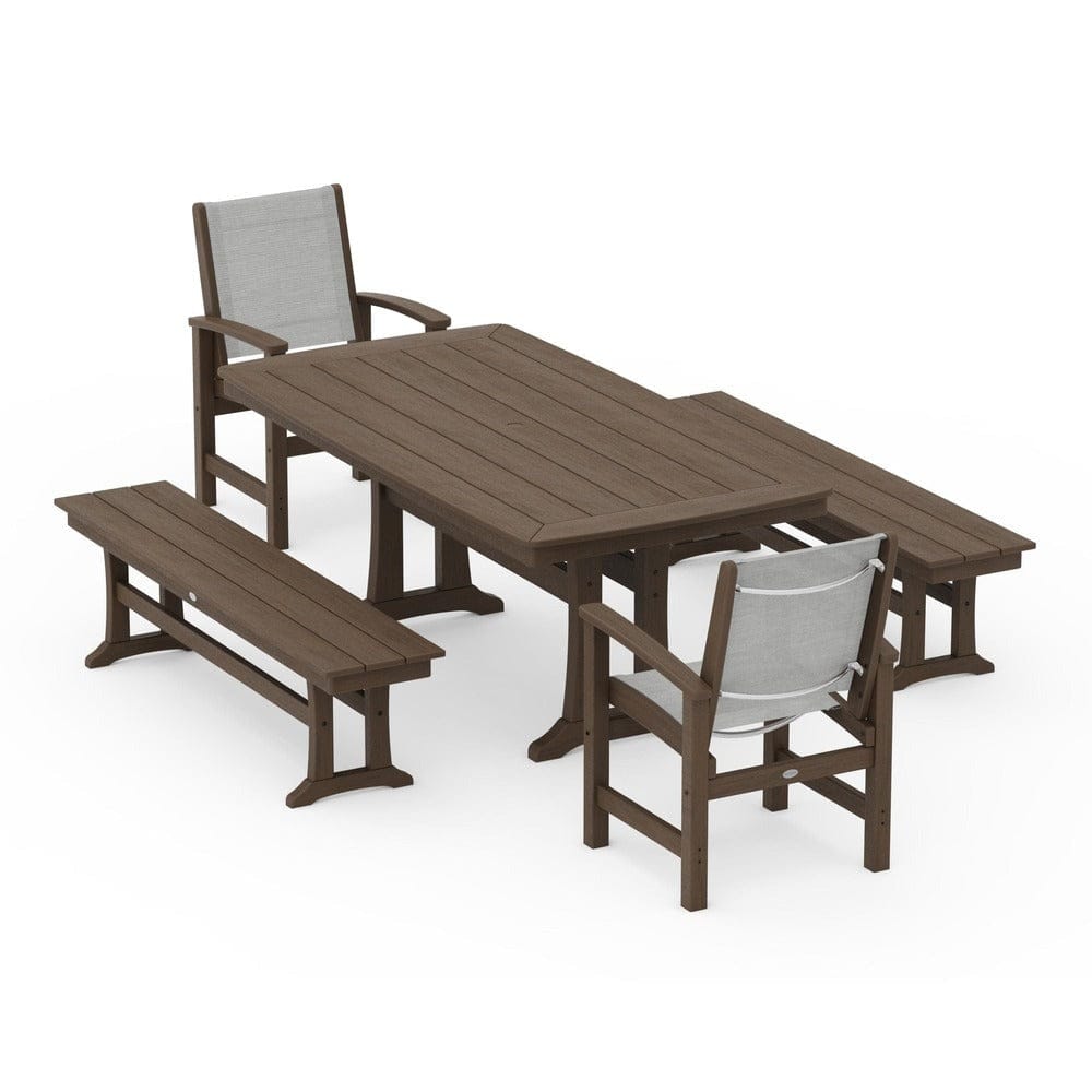 POLYWOOD® Outdoor Furniture POLYWOOD® - Coastal 5-Piece Dining Set with Trestle Legs and Benches - PWS1036