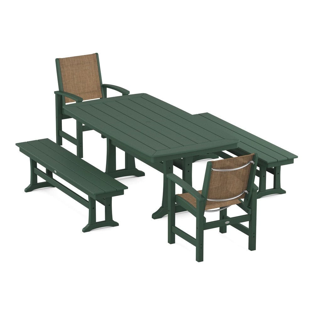 POLYWOOD® Outdoor Furniture Green / Burlap Sling POLYWOOD® - Coastal 5-Piece Dining Set with Trestle Legs and Benches - PWS1036