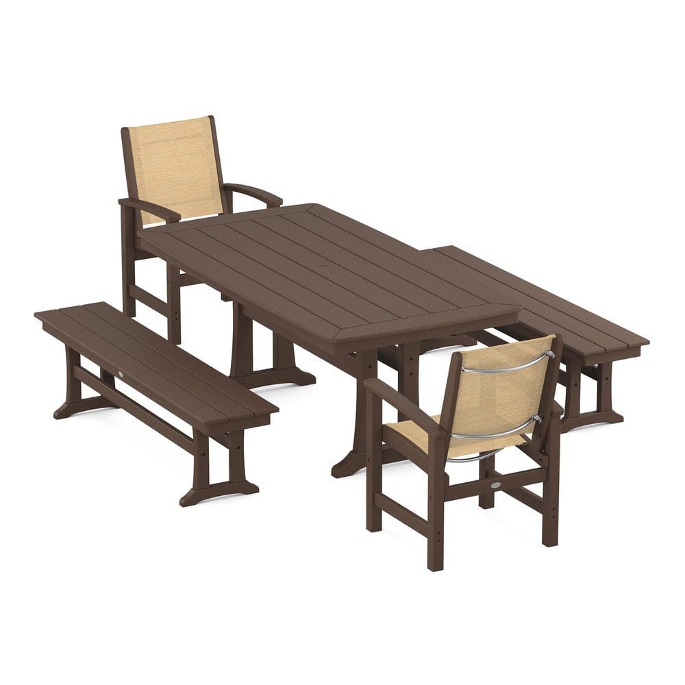 POLYWOOD® Outdoor Furniture Mahogany / Dupioni Apricot Sling POLYWOOD® - Coastal 5-Piece Dining Set with Trestle Legs and Benches - PWS1036