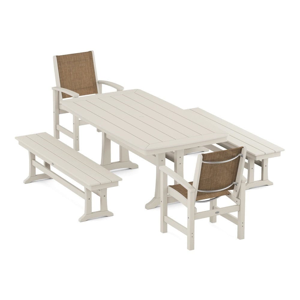 POLYWOOD® Outdoor Furniture Sand / Burlap Sling POLYWOOD® - Coastal 5-Piece Dining Set with Trestle Legs and Benches - PWS1036
