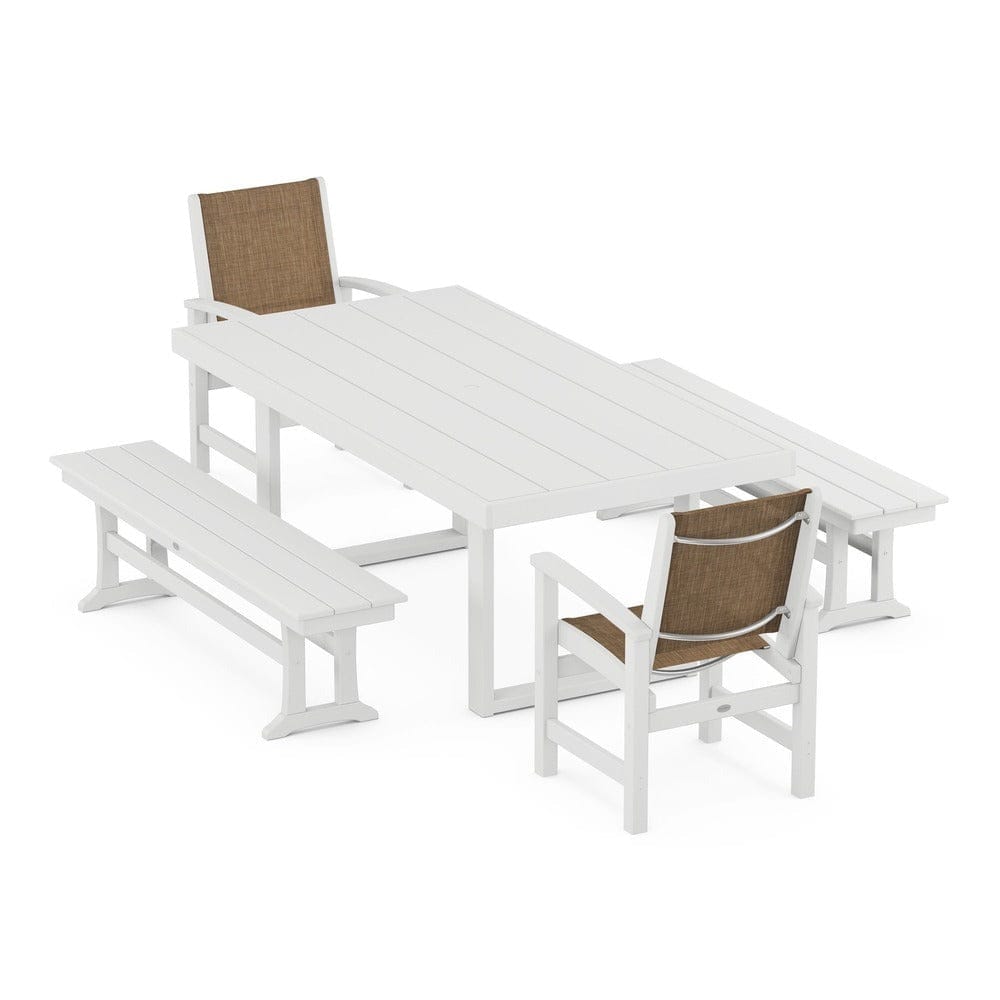 POLYWOOD® Outdoor Furniture White / Burlap Sling POLYWOOD® - Coastal 5-Piece Dining Set with Trestle Legs - PWS870