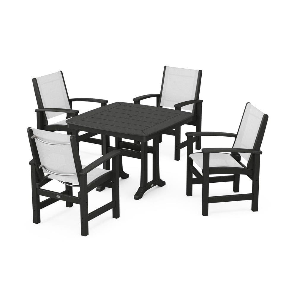 POLYWOOD® Outdoor Furniture Black / White Sling POLYWOOD® - Coastal 5-Piece Dining Set with Trestle Legs - PWS966