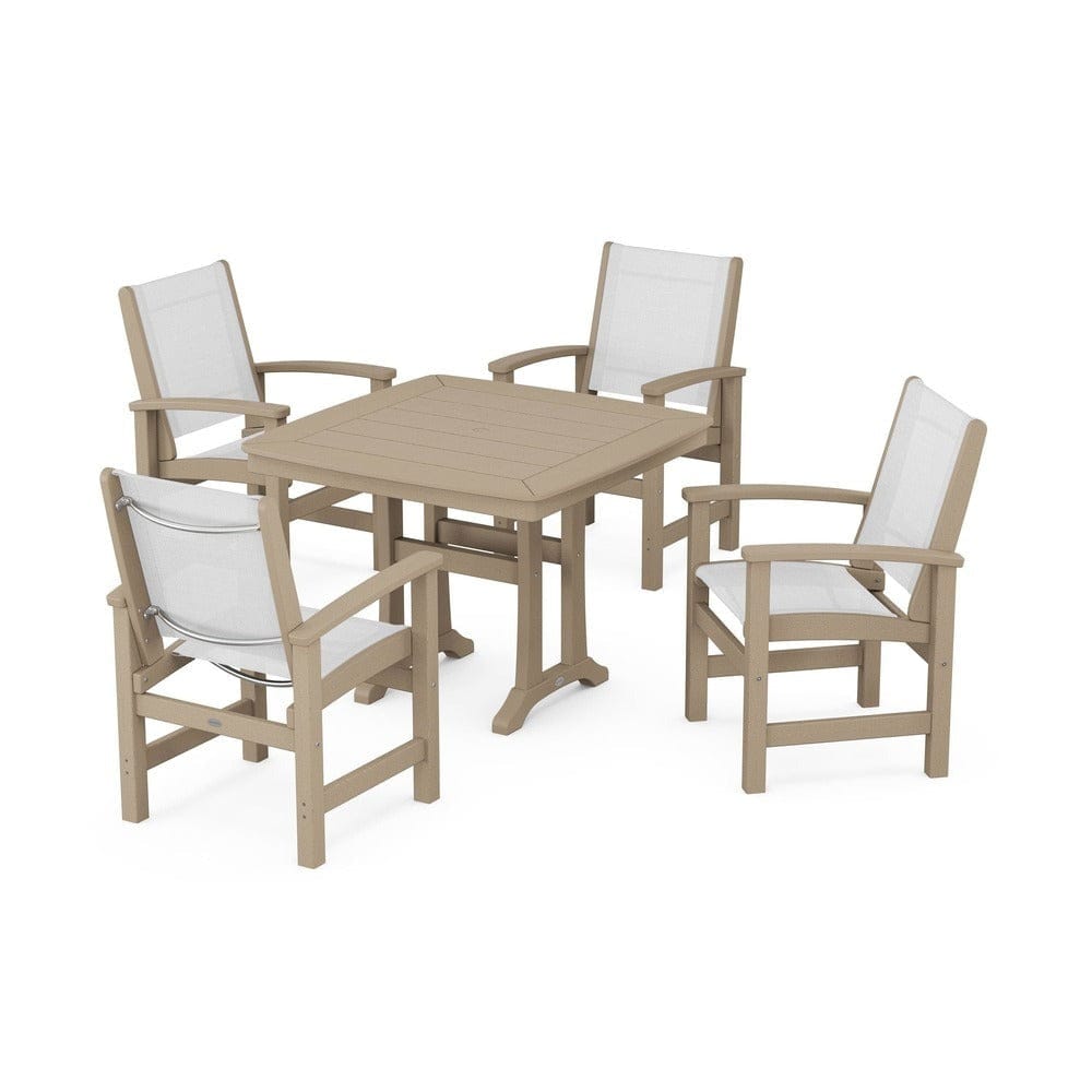 POLYWOOD® Outdoor Furniture Vintage Sahara / White Sling POLYWOOD® - Coastal 5-Piece Dining Set with Trestle Legs - PWS966