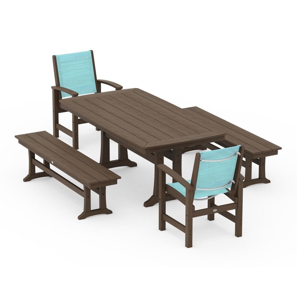 POLYWOOD® Outdoor Furniture POLYWOOD® - Coastal 5-Piece Dining Set with Trestle Legs and Benches - PWS1036