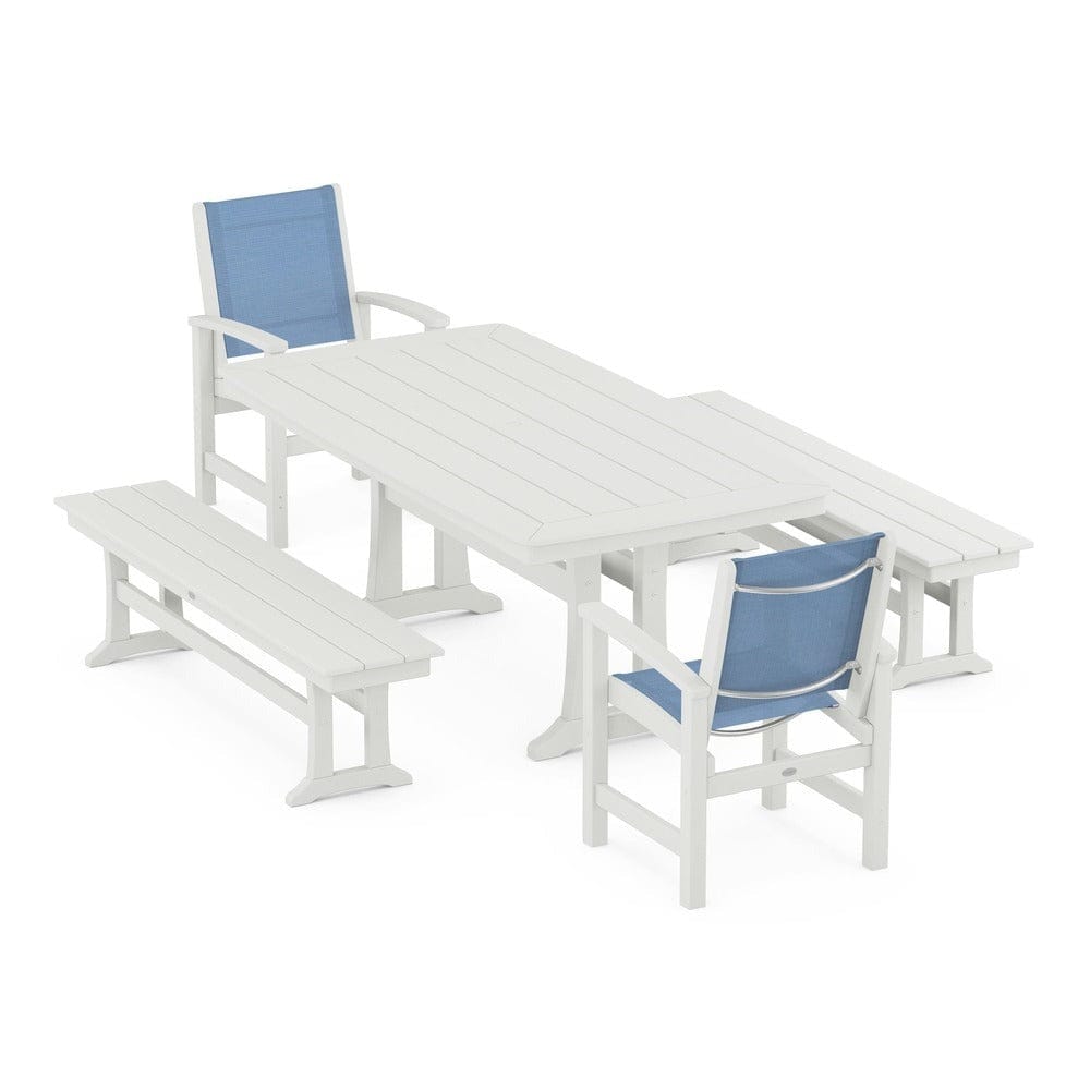 POLYWOOD® - Coastal 5-Piece Dining Set with Trestle Legs and Benches - PWS1036 Outdoor Furniture POLYWOOD®