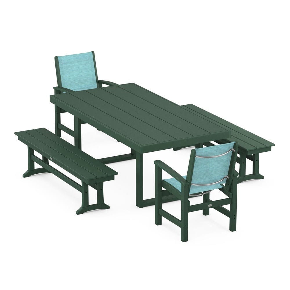 POLYWOOD® Outdoor Furniture Green / Dupioni Aquamarine Sling POLYWOOD® - Coastal 5-Piece Dining Set with Trestle Legs - PWS870