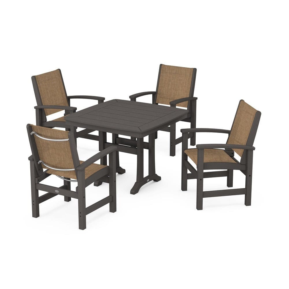 POLYWOOD® Outdoor Furniture Vintage Coffee / Burlap Sling POLYWOOD® - Coastal 5-Piece Dining Set with Trestle Legs - PWS966