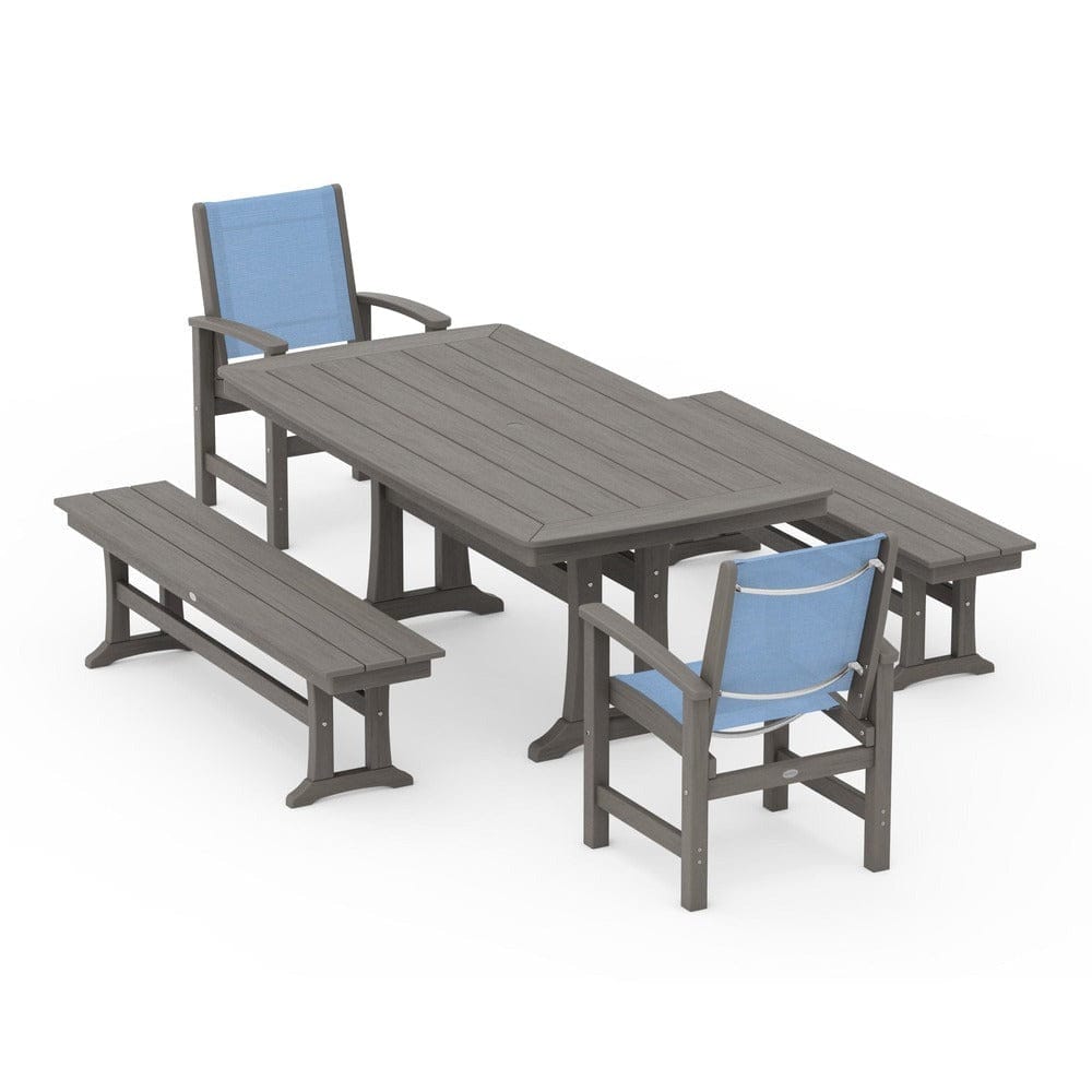 POLYWOOD® Outdoor Furniture POLYWOOD® - Coastal 5-Piece Dining Set with Trestle Legs and Benches - PWS1036