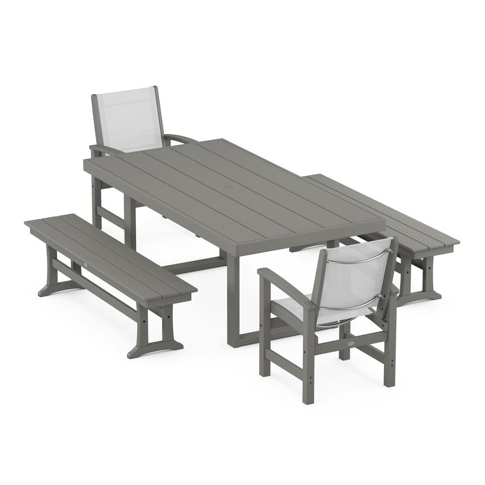 POLYWOOD® Outdoor Furniture Slate Grey / White Sling POLYWOOD® - Coastal 5-Piece Dining Set with Trestle Legs - PWS870