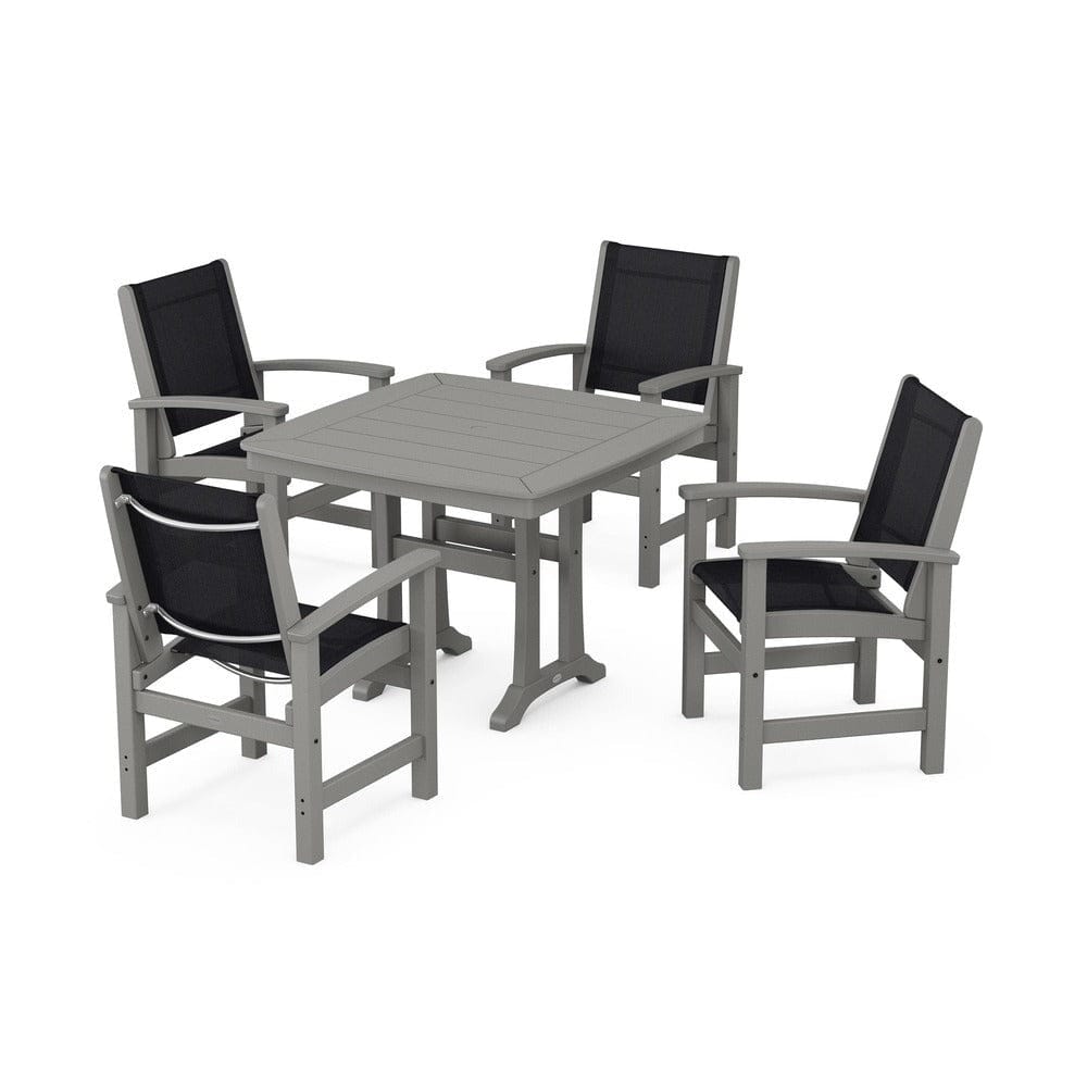POLYWOOD® Outdoor Furniture Slate Grey / Black Sling POLYWOOD® - Coastal 5-Piece Dining Set with Trestle Legs - PWS966
