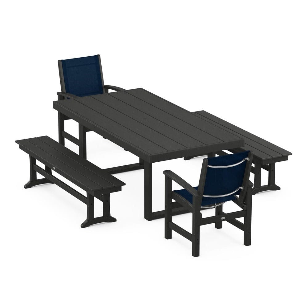 POLYWOOD® Outdoor Furniture Black / Navy Blue Sling POLYWOOD® - Coastal 5-Piece Dining Set with Trestle Legs - PWS870