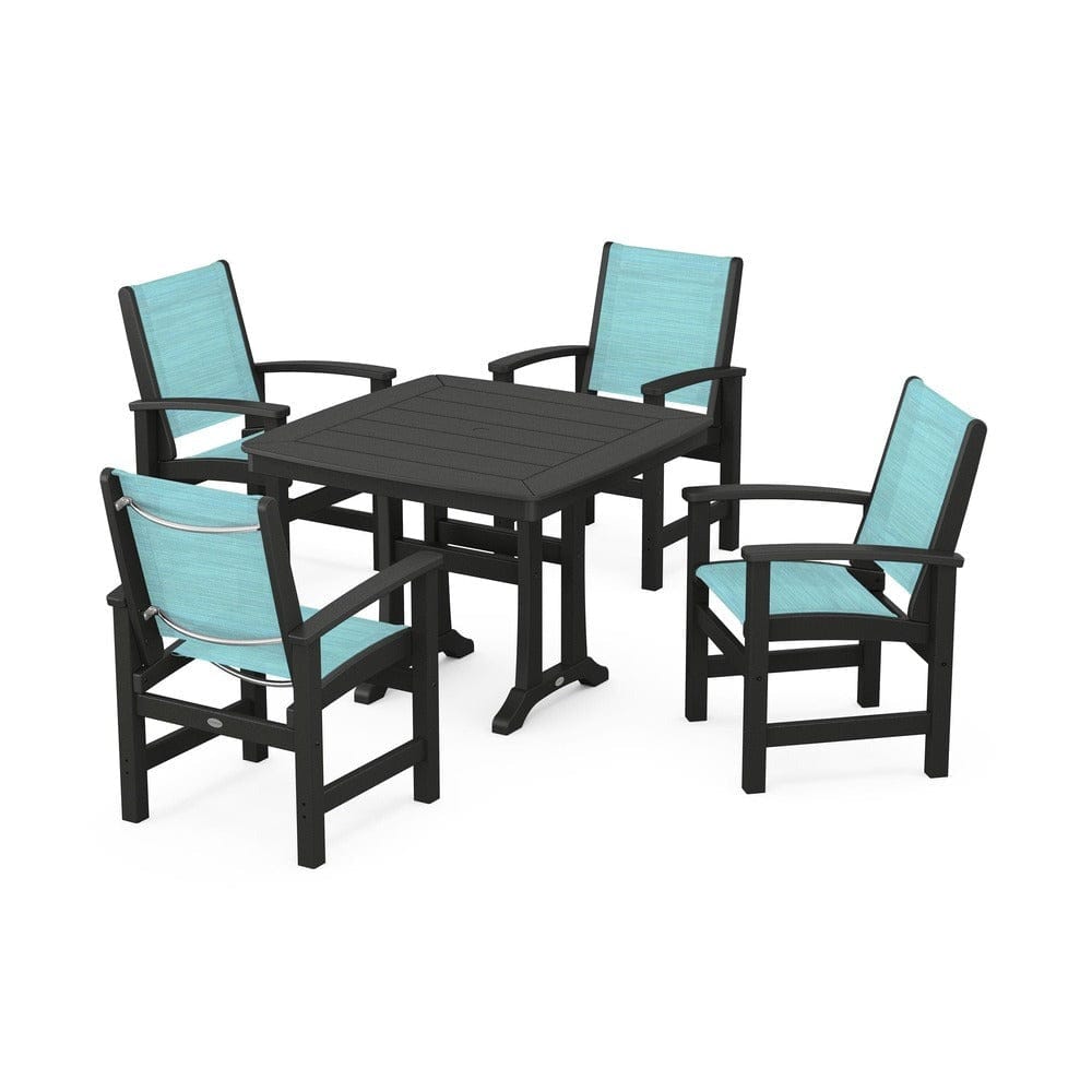 POLYWOOD® Outdoor Furniture Black / Dupioni Aquamarine Sling POLYWOOD® - Coastal 5-Piece Dining Set with Trestle Legs - PWS966